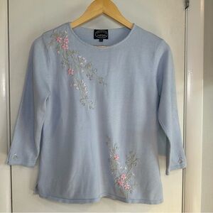 Cottagecore Embroidered ¾ Length Sleeve Sweater Top. Size: Small. Baby Blue.